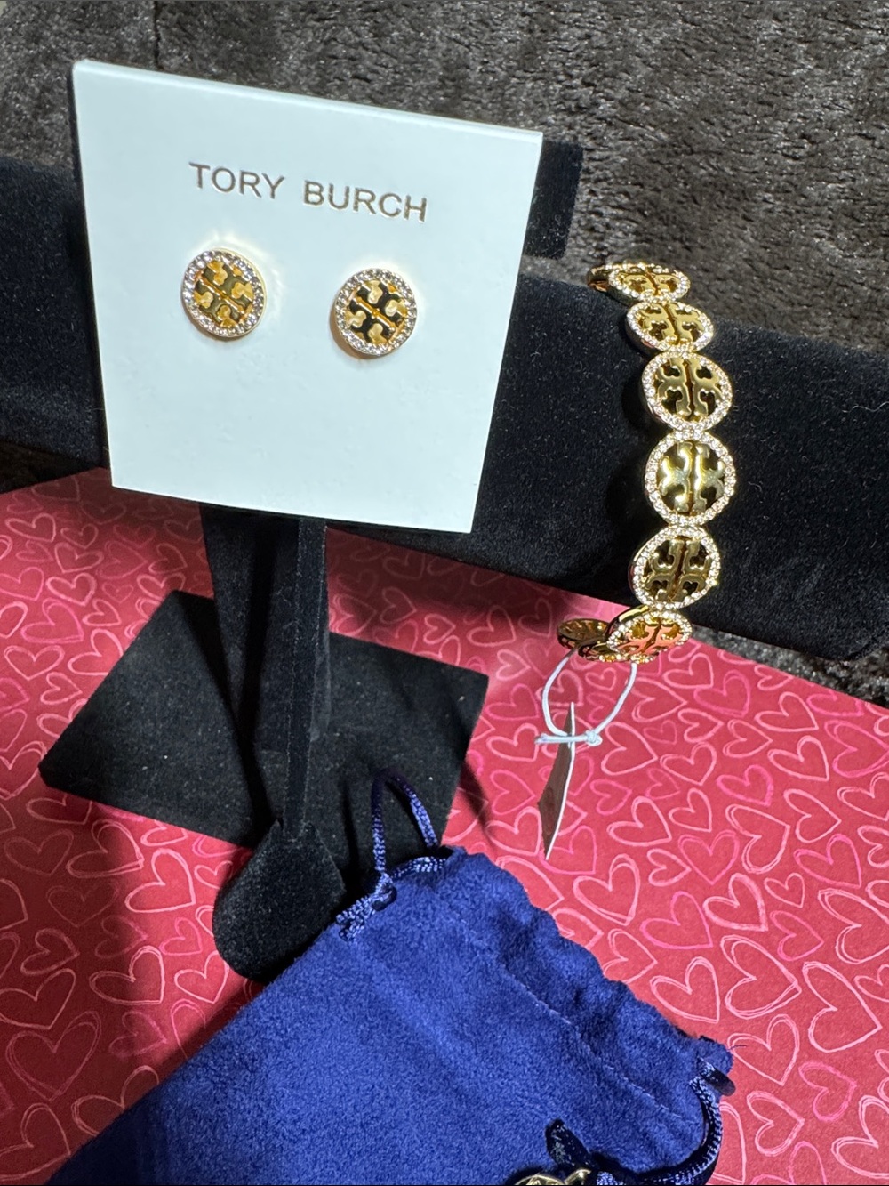 Tory Burch Gold-Tone Logo Studs & Linked Logo Bangle Bracelet Set with TB Pouch